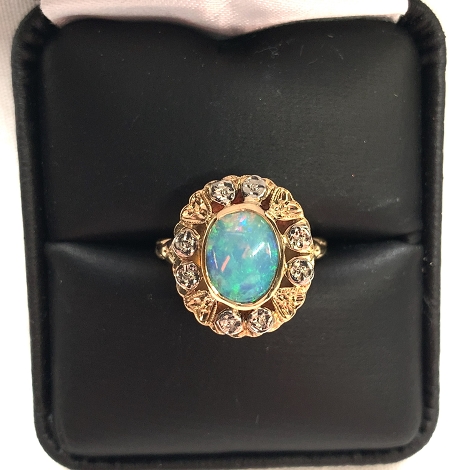 10k Yellow and White Gold Vintage Opal Ring with Flowers size 7.5  J6576